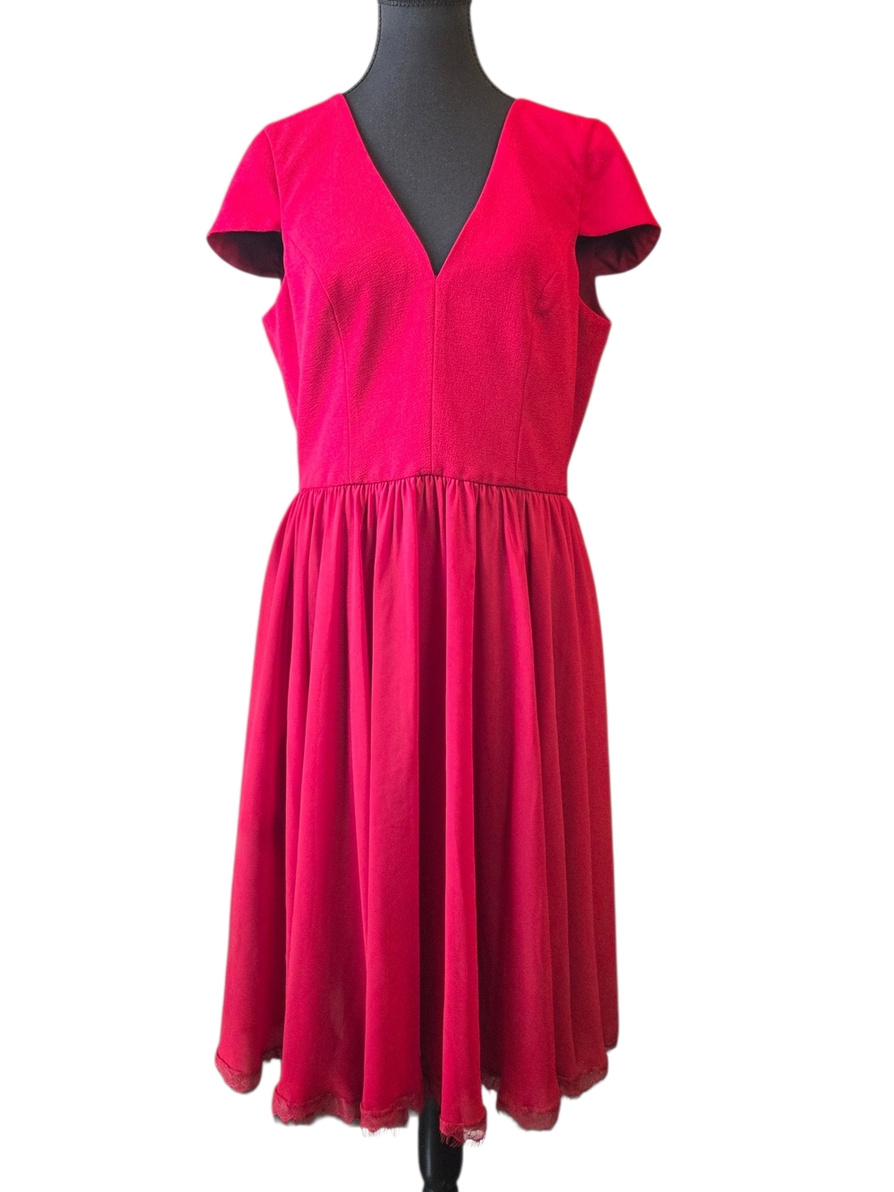 Dress the Population Red Midi Dress with V-Neck and Cap Sleeves - Picture 2 of 6